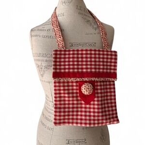 Handmade Red‎ Gingham Apron Style Tote Bag With Floral Buttons and Straps